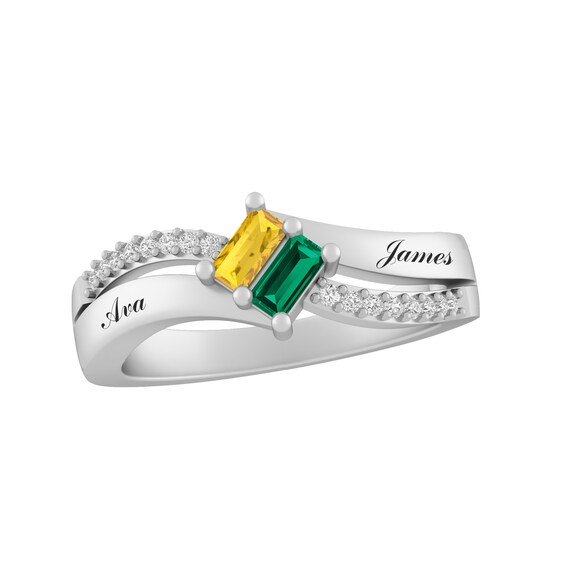 Baguette Birthstone Couple's Ring (2 Stones and Lines)