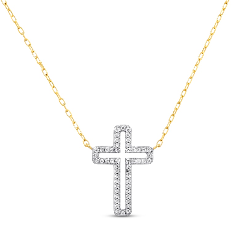 Diamond Cross Outline Necklace 1/8 ct tw 10K Yellow Gold 18" with 360