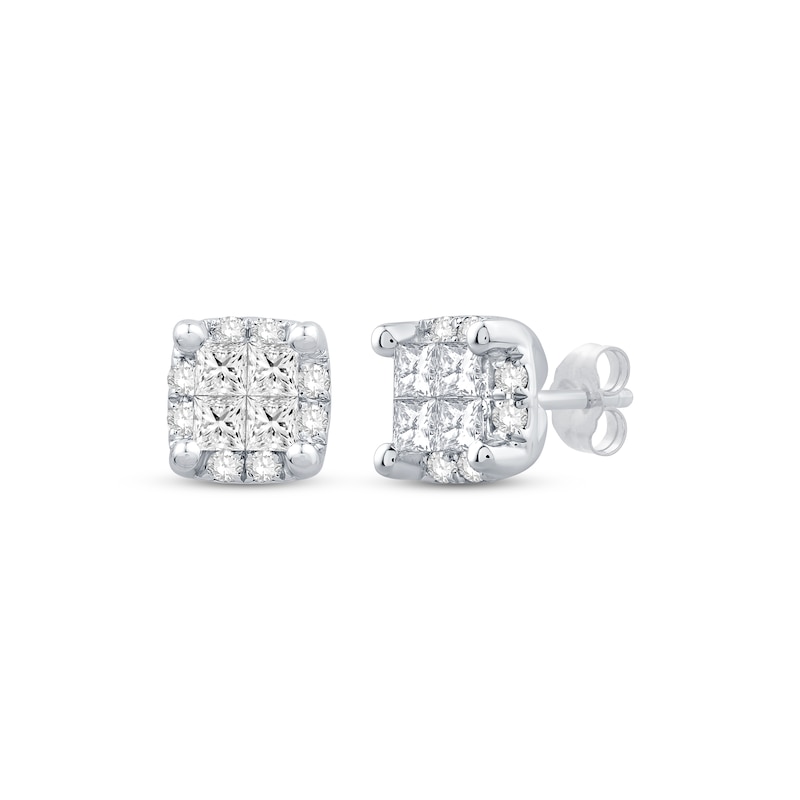 Main Image 1 of Princess-Cut Quad Diamond Stud Earrings 1/2 ct tw 10K White Gold