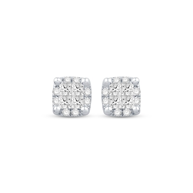 Main Image 2 of Princess-Cut Quad Diamond Stud Earrings 1/2 ct tw 10K White Gold