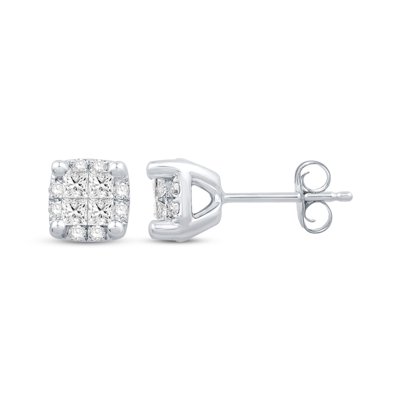 Main Image 3 of Princess-Cut Quad Diamond Stud Earrings 1/2 ct tw 10K White Gold
