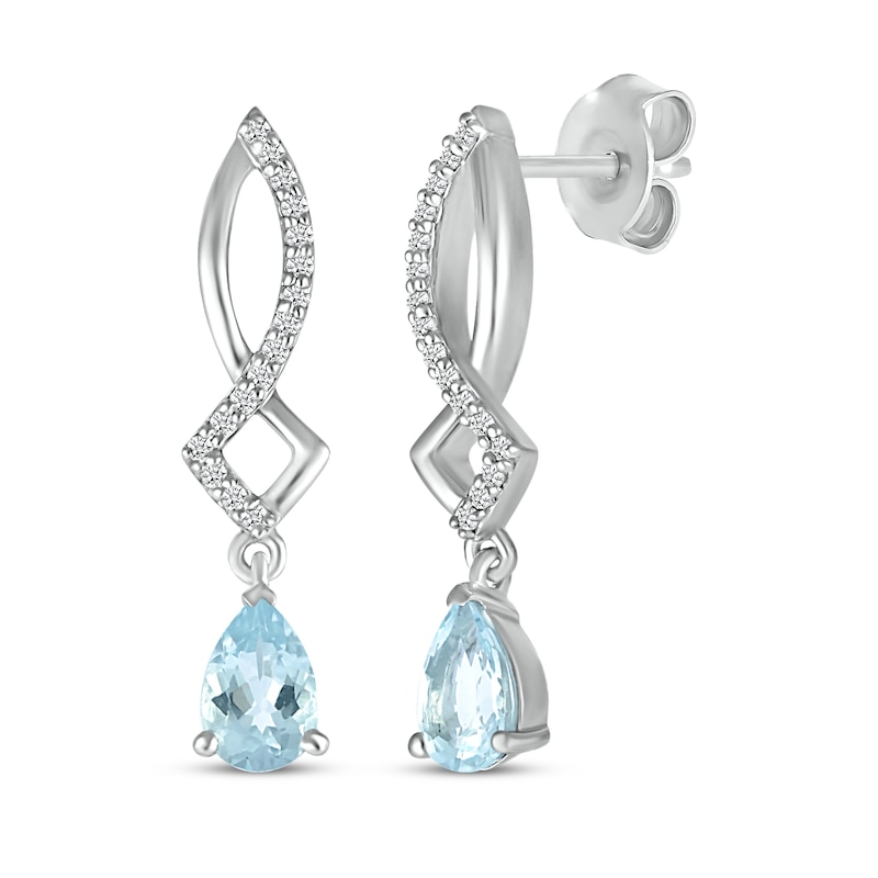 Main Image 1 of Pear-Shaped Aquamarine & Round-Cut Diamond Drop Earrings 1/8 ct tw Sterling Silver