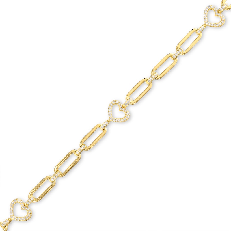 Main Image 1 of Round-Cut Diamond Hearts Paperclip Link Bracelet 3/8 ct tw 10K Yellow Gold 7”