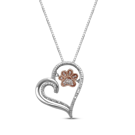Kay Diamond Tilted Heart Paw Print Necklace 1/10 ct tw Sterling Silver & 10K Rose Gold