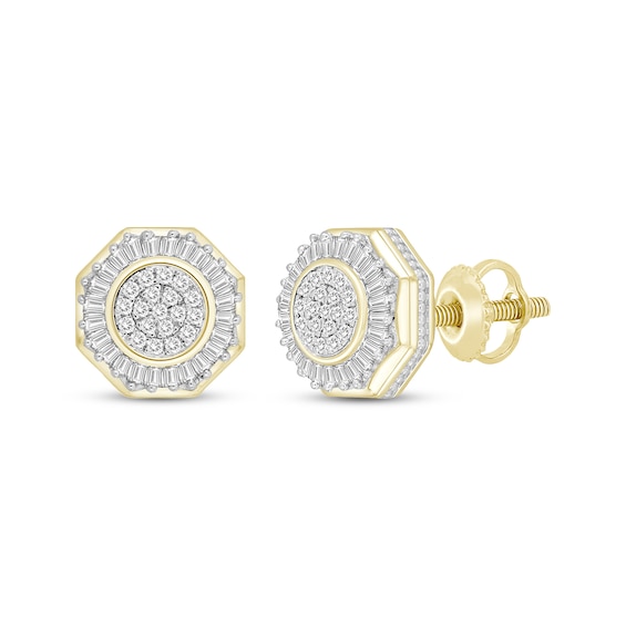 Men's Baguette & Round-Cut Diamond Octagon Stud Earrings 1/3 ct tw 10K Yellow Gold