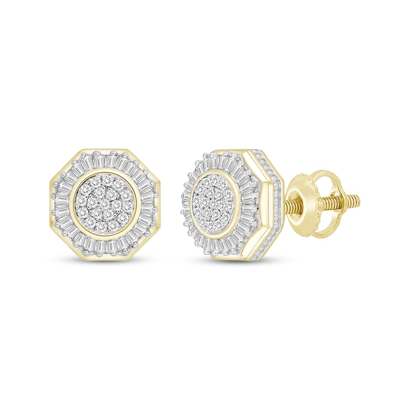 Main Image 1 of Men's Baguette & Round-Cut Diamond Octagon Stud Earrings 1/3 ct tw 10K Yellow Gold