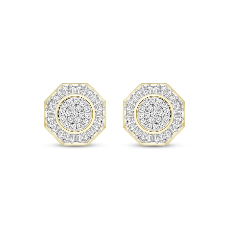 Main Image 2 of Men's Baguette & Round-Cut Diamond Octagon Stud Earrings 1/3 ct tw 10K Yellow Gold