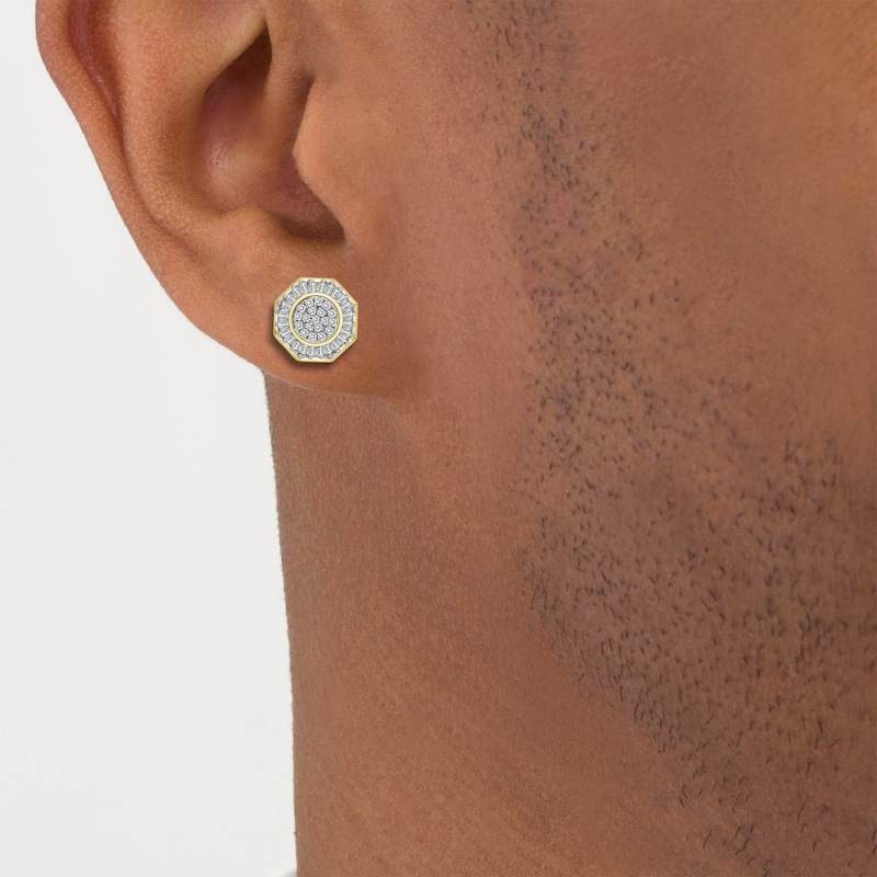 Main Image 3 of Men's Baguette & Round-Cut Diamond Octagon Stud Earrings 1/3 ct tw 10K Yellow Gold