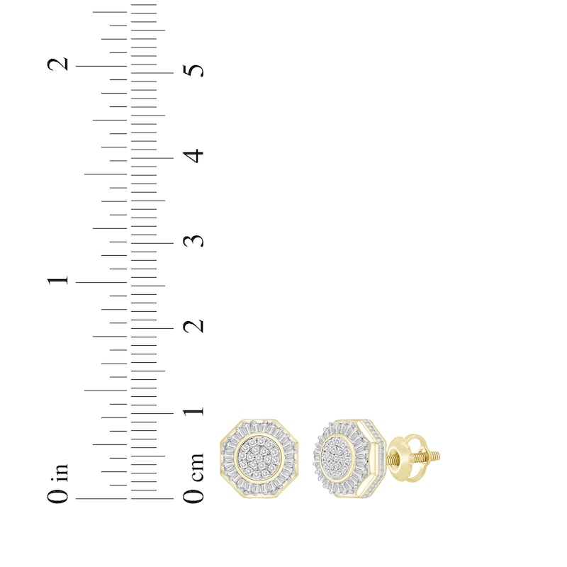 Main Image 4 of Men's Baguette & Round-Cut Diamond Octagon Stud Earrings 1/3 ct tw 10K Yellow Gold