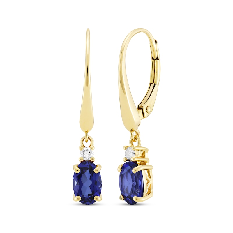 Main Image 1 of Oval-Cut Blue Lab-Created Sapphire & Diamond Dangle Earrings 10K Yellow Gold