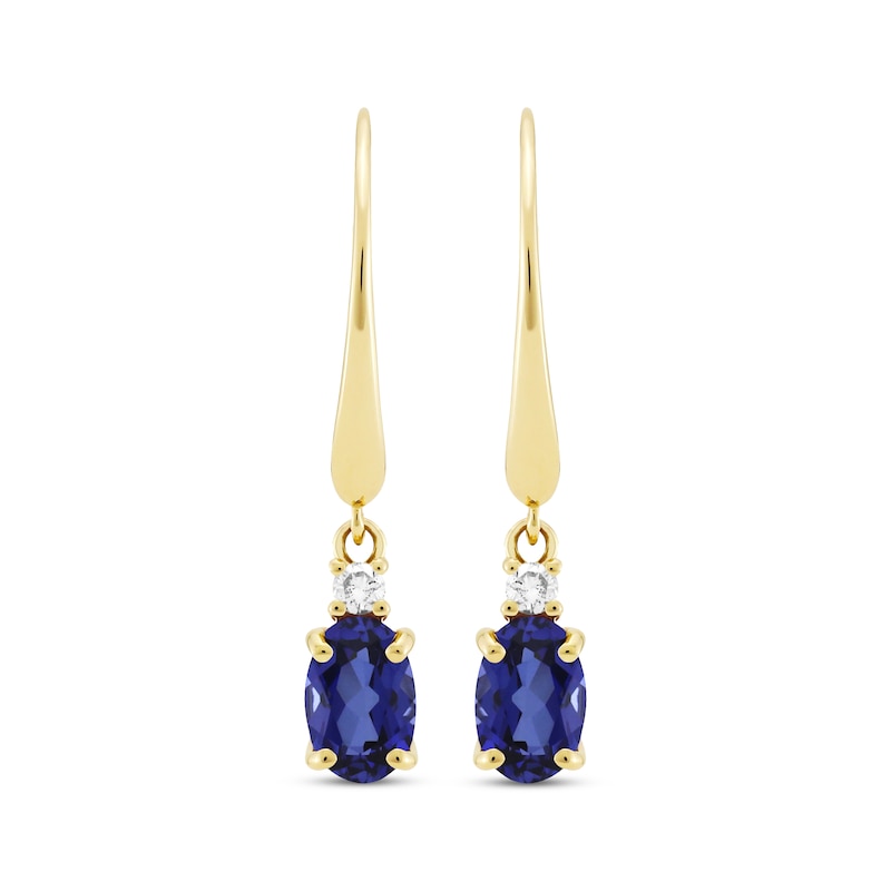 Main Image 2 of Oval-Cut Blue Lab-Created Sapphire & Diamond Dangle Earrings 10K Yellow Gold