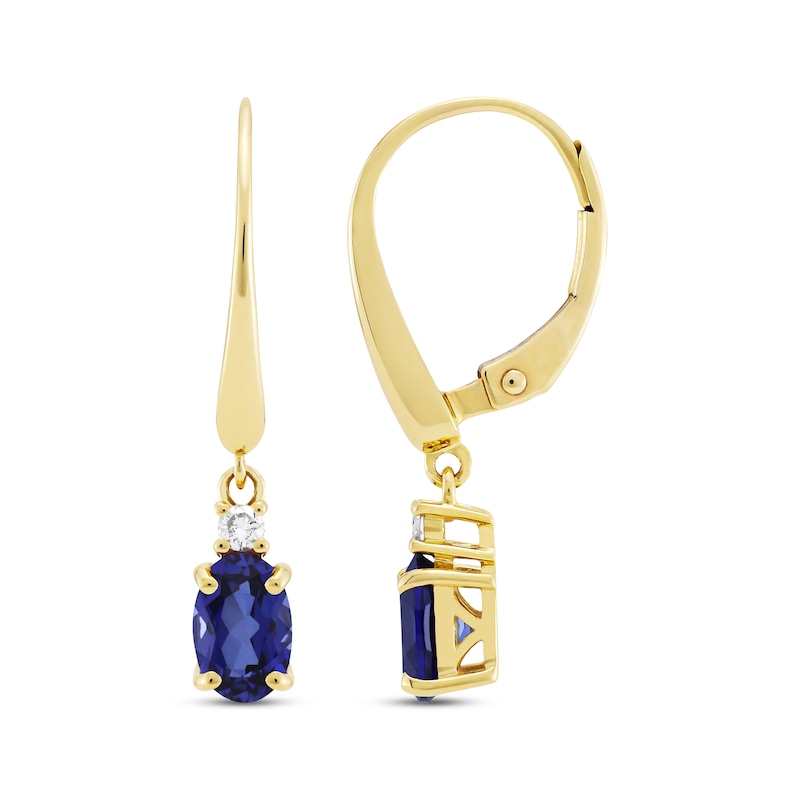 Main Image 3 of Oval-Cut Blue Lab-Created Sapphire & Diamond Dangle Earrings 10K Yellow Gold