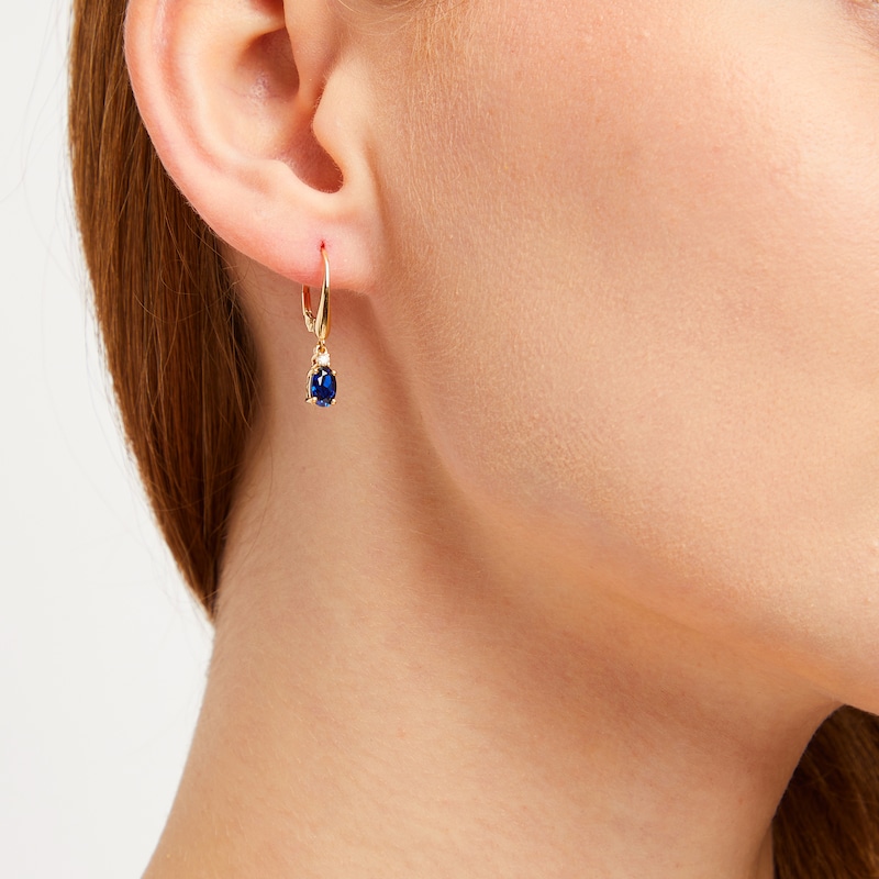 Main Image 4 of Oval-Cut Blue Lab-Created Sapphire & Diamond Dangle Earrings 10K Yellow Gold