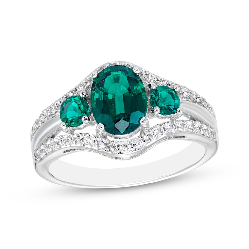Main Image 1 of Oval & Round-Cut Lab-Created Emerald, White Lab-Created Sapphire Ring Sterling Silver