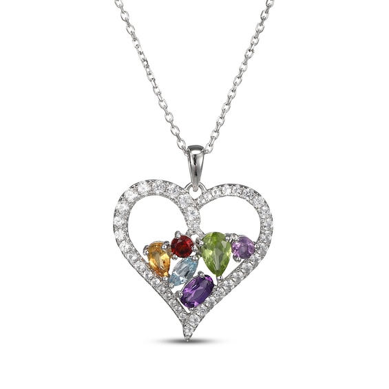 Citrine, Garnet, Amethyst, Peridot, Sky Blue Topaz & White Lab-Created Sapphire Heart Necklace Sterling Silver 18"