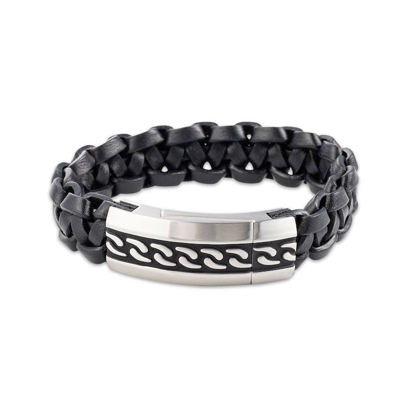 Main Image 1 of Men's Black Leather Bracelet Stainless Steel 8.5"