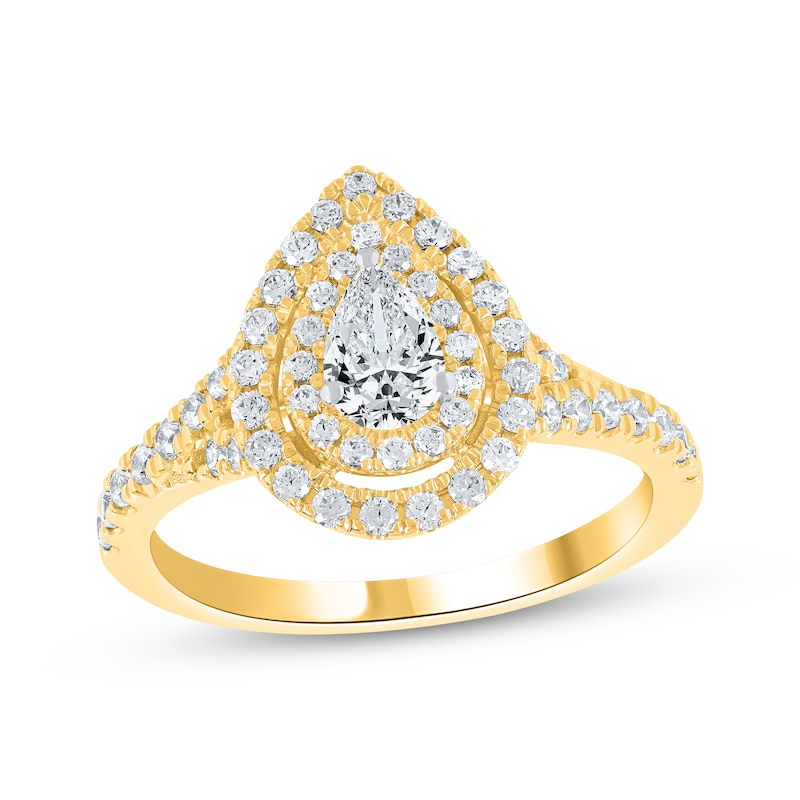 Main Image 1 of Now + Forever Lab-Grown Diamonds Pear-Shaped Double Halo Engagement Ring 1 ct tw 14K Yellow Gold