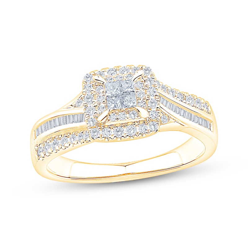 Main Image 1 of Now + Forever Princess-Cut Quad Diamond Double Halo Engagement Ring 1/2 ct tw 10K Yellow Gold