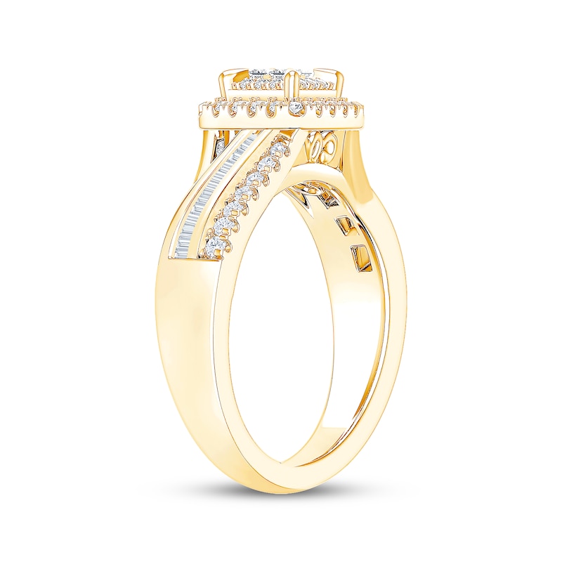 Main Image 2 of Now + Forever Princess-Cut Quad Diamond Double Halo Engagement Ring 1/2 ct tw 10K Yellow Gold