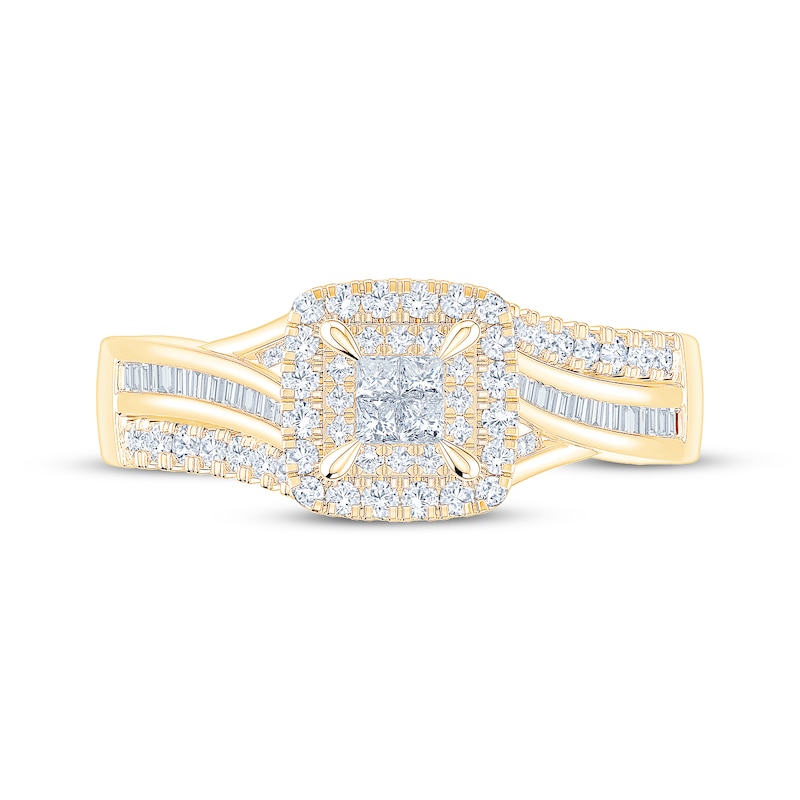 Main Image 3 of Now + Forever Princess-Cut Quad Diamond Double Halo Engagement Ring 1/2 ct tw 10K Yellow Gold