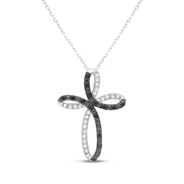 Black & White Diamond Looping Cross Necklace 1/6 ct tw Sterling Silver 18"