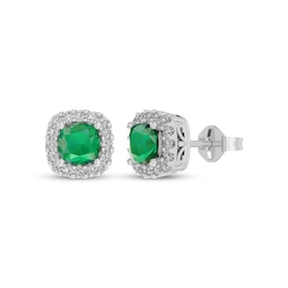Cushion-Cut Lab-Created Emerald & White Lab-Created Sapphire Halo Stud Earrings Sterling Silver