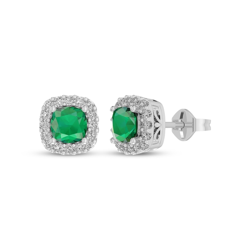 Main Image 1 of Cushion-Cut Lab-Created Emerald & White Lab-Created Sapphire Halo Stud Earrings Sterling Silver
