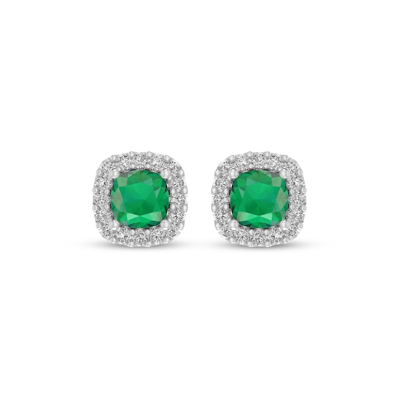 Main Image 2 of Cushion-Cut Lab-Created Emerald & White Lab-Created Sapphire Halo Stud Earrings Sterling Silver