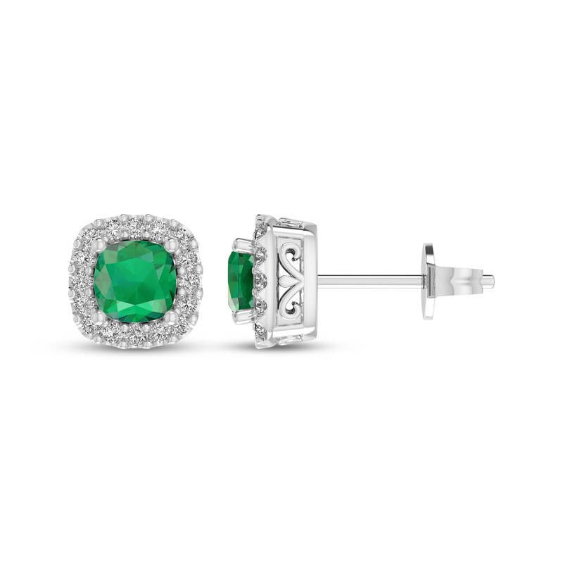 Main Image 3 of Cushion-Cut Lab-Created Emerald & White Lab-Created Sapphire Halo Stud Earrings Sterling Silver