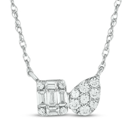 Baguette & Round-Cut Multi-Diamond Toi et Moi Necklace 1/6 ct tw 10K White Gold 18"