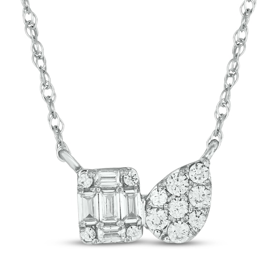Baguette & Round-Cut Multi-Diamond Toi et Moi Necklace 1/6 ct tw 10K White Gold 18"