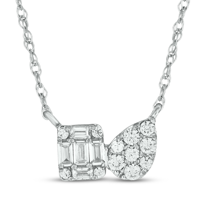 Main Image 1 of Baguette & Round-Cut Multi-Diamond Toi et Moi Necklace 1/6 ct tw 10K White Gold 18"