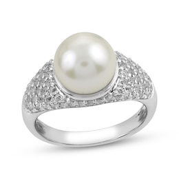 Cultured Pearl & White Topaz Ring Sterling Silver