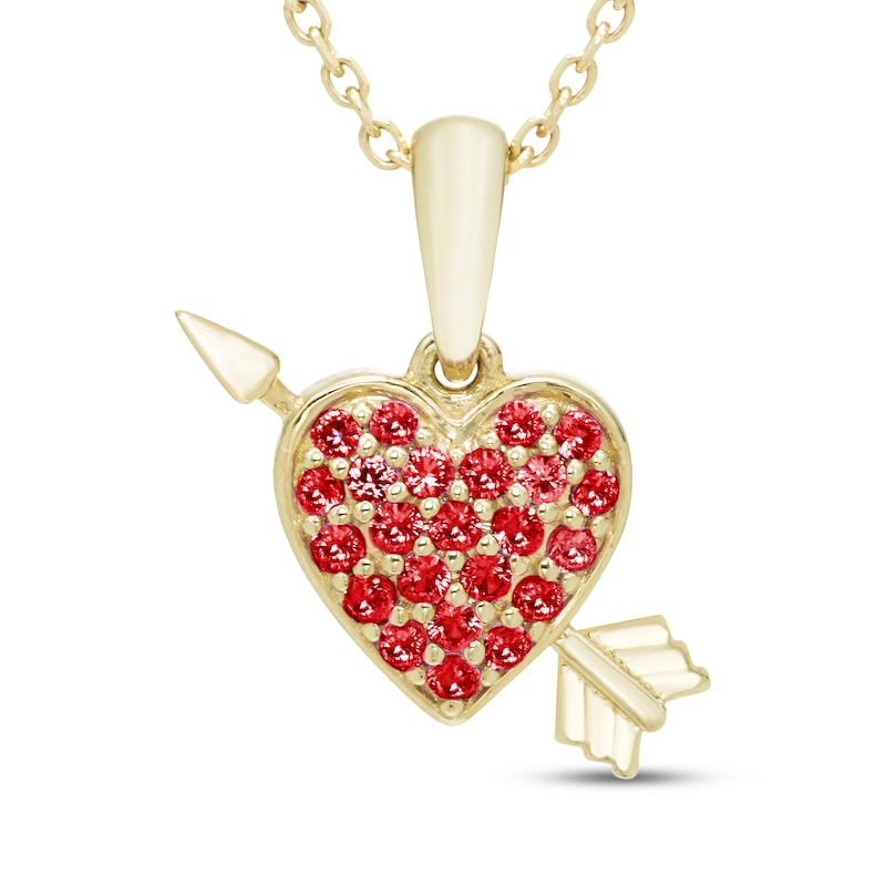 Main Image 1 of Lab-Created Ruby Heart with Arrow Necklace 10K Yellow Gold 18"