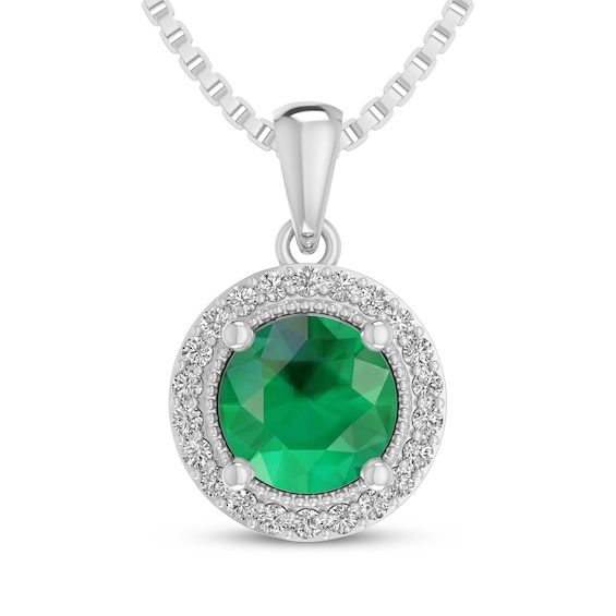 Lab-Created Emerald & White Lab-Created Sapphire Halo Necklace Sterling Silver 18"
