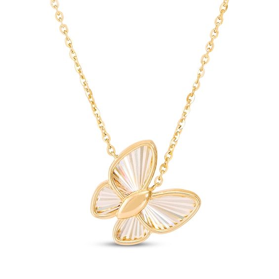 Tilted Textured Butterfly Necklace Solid 10K Yellow Gold 18"