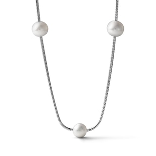 Cultured Pearl Station Snake Chain Necklace Sterling Silver 18"