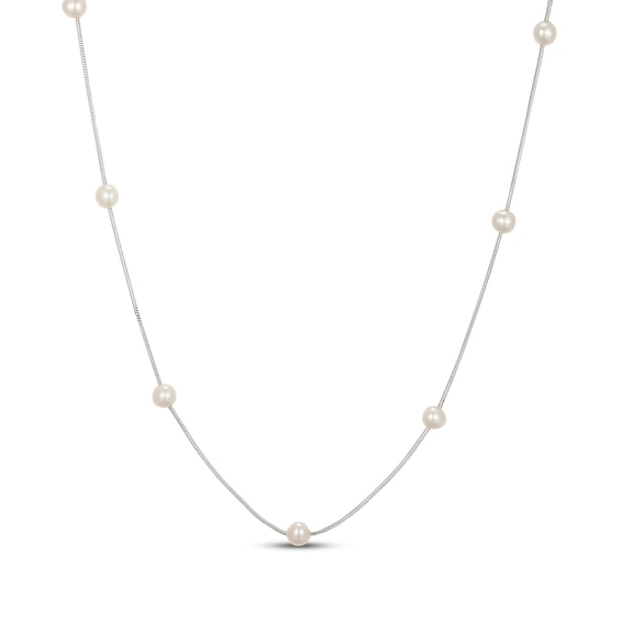 Freshwater Cultured Pearl Station Snake Chain Necklace Sterling Silver 18"