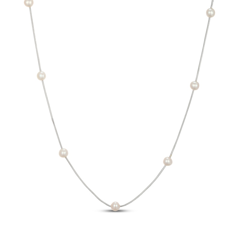 Main Image 1 of Freshwater Cultured Pearl Station Snake Chain Necklace Sterling Silver 18"