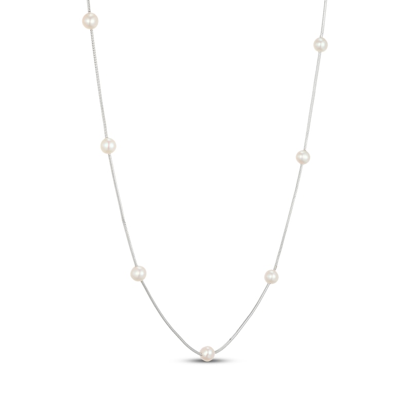 Main Image 2 of Freshwater Cultured Pearl Station Snake Chain Necklace Sterling Silver 18"