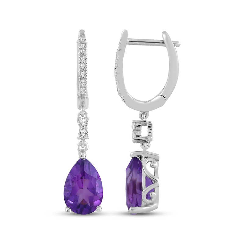 Main Image 3 of Pear-Shaped Amethyst & White Lab-Created Sapphire Hoop Drop Earrings Sterling Silver