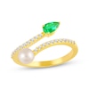 Thumbnail Image 1 of STUDIO BY KAY Cultured Pearl & Pear-Shaped Lab-Created Emerald Open Bypass Ring 24K Yellow Gold Vermeil Sterling Silver