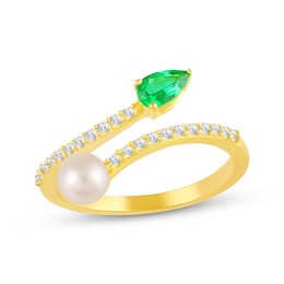 STUDIO BY KAY Cultured Pearl & Pear-Shaped Lab-Created Emerald Open Bypass Ring 24K Yellow Gold Vermeil Sterling Silver