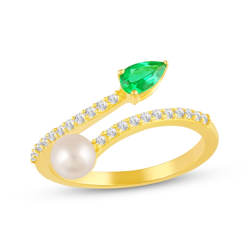 Main Image 1 of STUDIO BY KAY Cultured Pearl & Pear-Shaped Lab-Created Emerald Open Bypass Ring 24K Yellow Gold Vermeil Sterling Silver