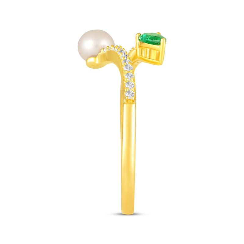 Main Image 2 of STUDIO BY KAY Cultured Pearl & Pear-Shaped Lab-Created Emerald Open Bypass Ring 24K Yellow Gold Vermeil Sterling Silver