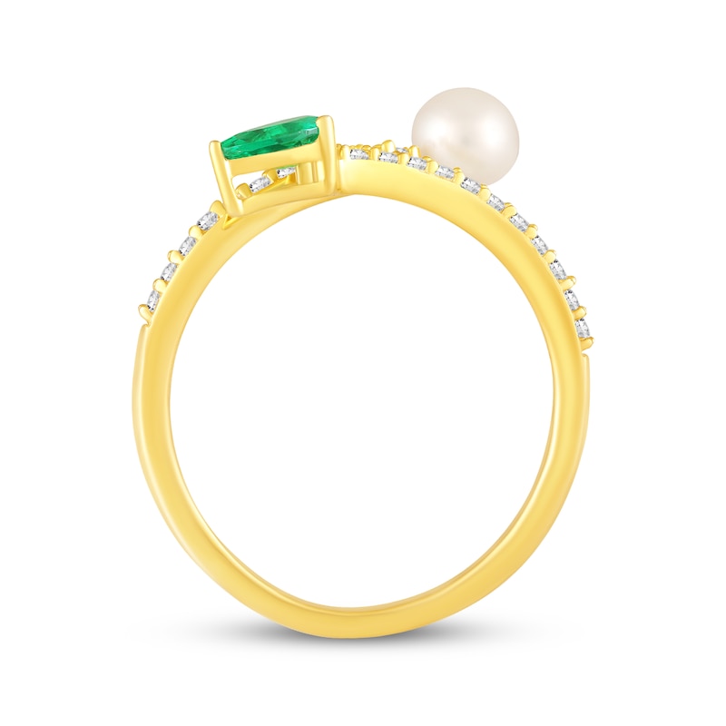 Main Image 3 of STUDIO BY KAY Cultured Pearl & Pear-Shaped Lab-Created Emerald Open Bypass Ring 24K Yellow Gold Vermeil Sterling Silver