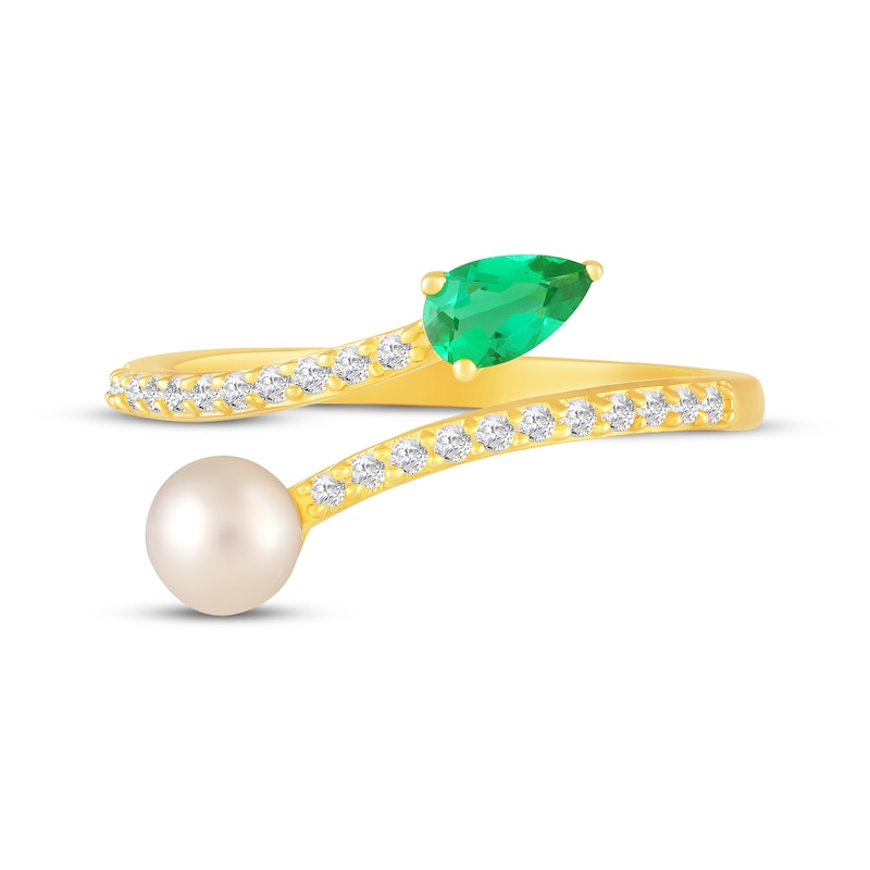 Main Image 4 of STUDIO BY KAY Cultured Pearl & Pear-Shaped Lab-Created Emerald Open Bypass Ring 24K Yellow Gold Vermeil Sterling Silver