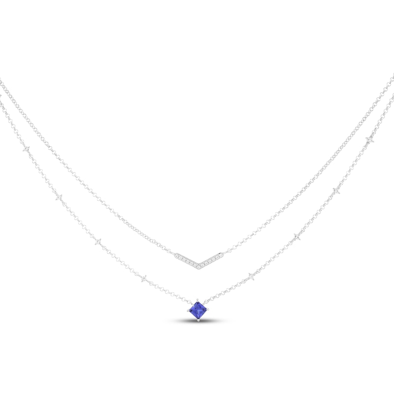 Main Image 1 of Square-Cut Blue Lab-Created Sapphire & White Lab-Created Sapphire Layered Necklace Sterling Silver 18"