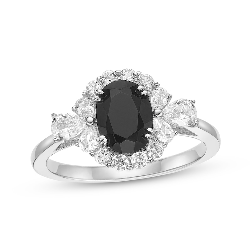 Main Image 1 of Oval-Cut Black Onyx & White Lab-Created Sapphire Frame Ring Sterling Silver