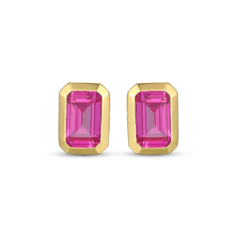 Main Image 2 of STUDIO BY KAY Emerald-Cut Pink Lab-Created Sapphire Solitaire Stud Earrings 24K Yellow Gold Vermeil Sterling Silver